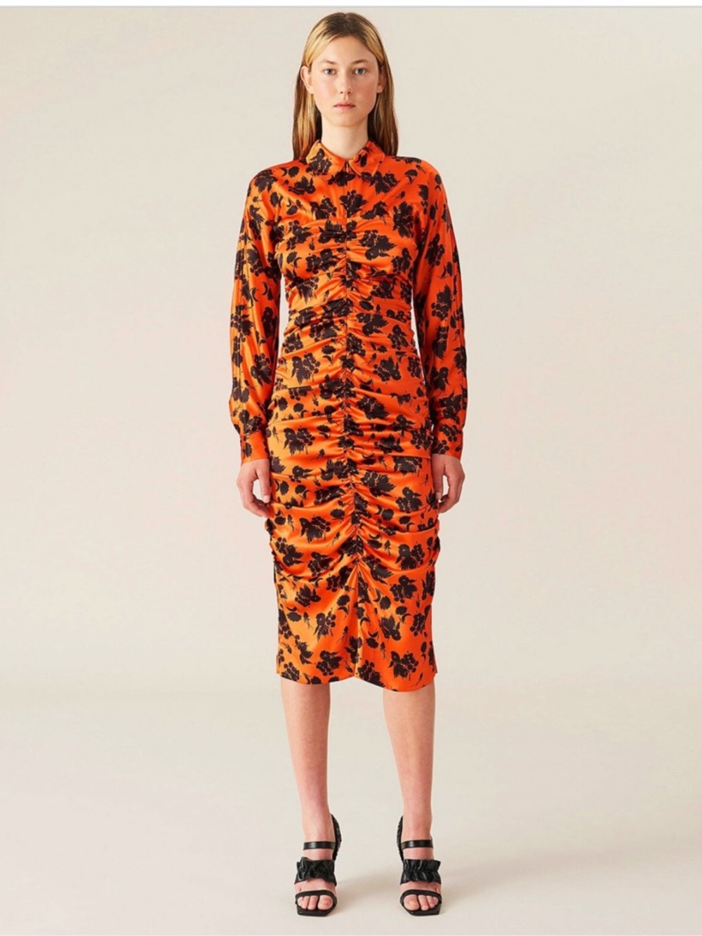 Ganni Floral Print Ruched Long Sleeve Stretch Silk Satin Dress